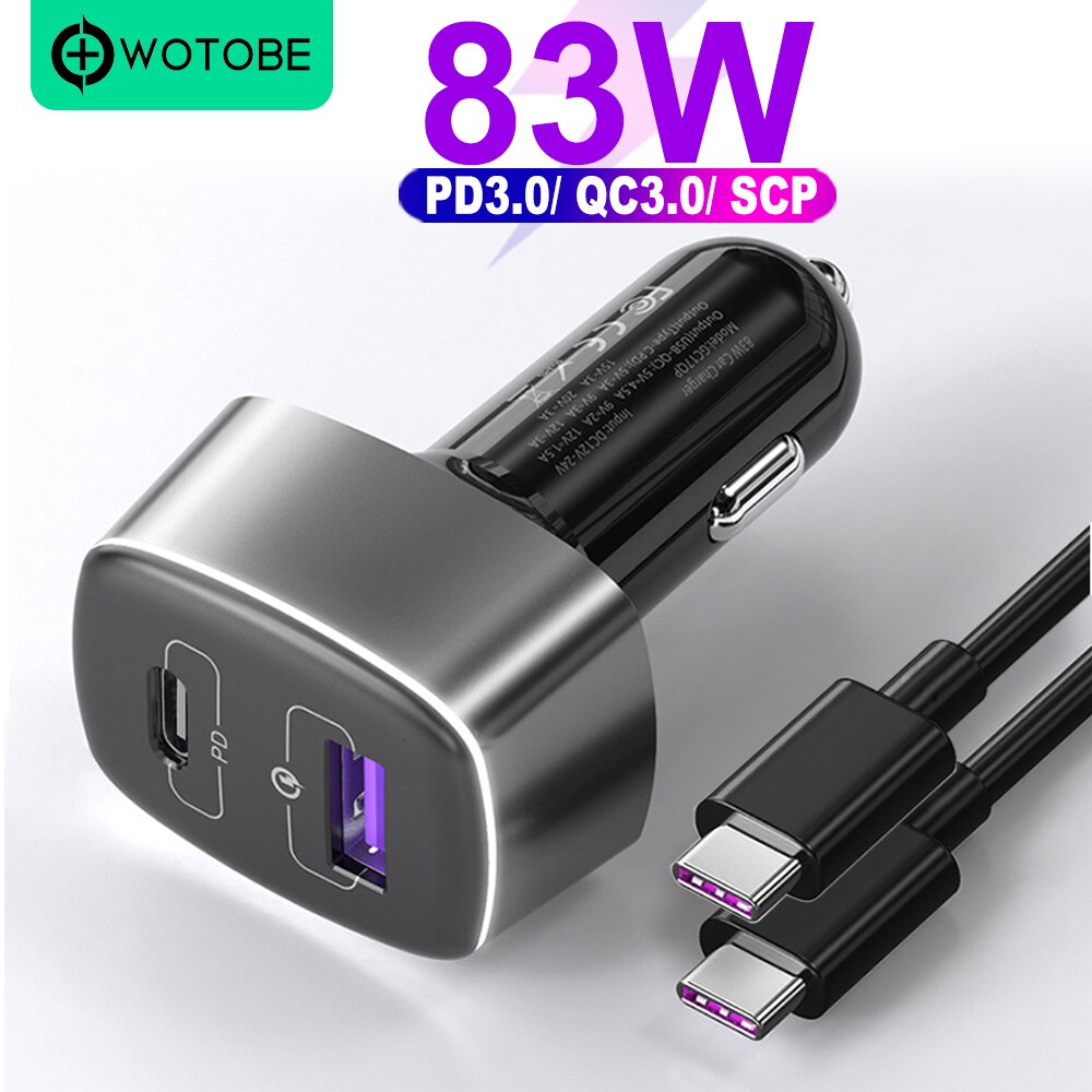 Wotobe 2 porto 83w carregador de carro super rápido, usb c pd/pps 65w/45w 20v 20w, qc3.0/afc/fcp18w para iphone 13 xiaomi dell xps hp laptops: 83W and 60W Cable