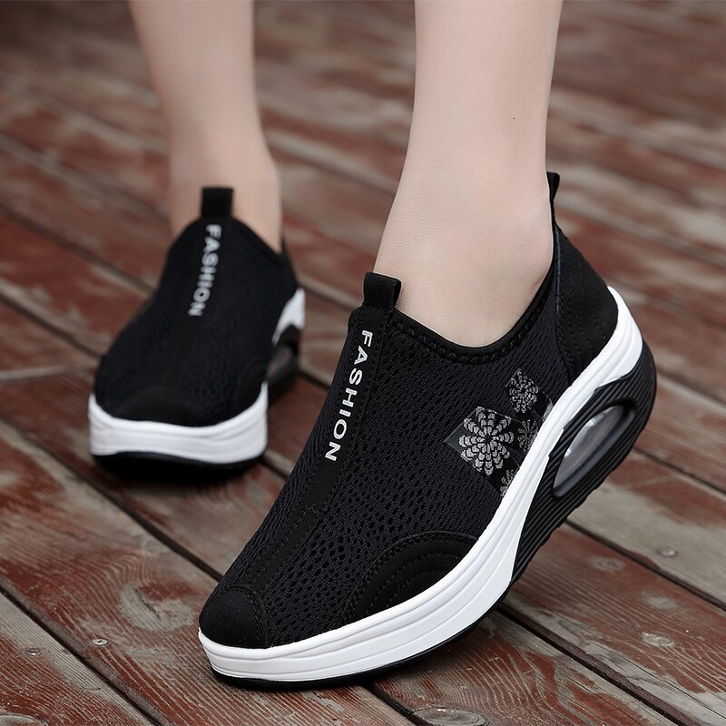 Air Cushion Wedge Sneakers Women Thick Bottom Summer Swing Shoes Breathable Rocking Shoes Soft Height Increasing Jumping Shoes