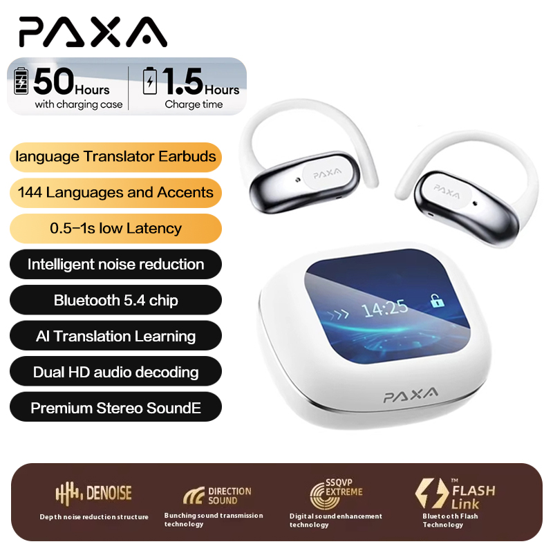 PAXA Upgraded AI Real-time Translation 3in1 Wireless Bluetooth 5.4 Earphones Translate 144 languages ENC Denoise Headphones: WHITE