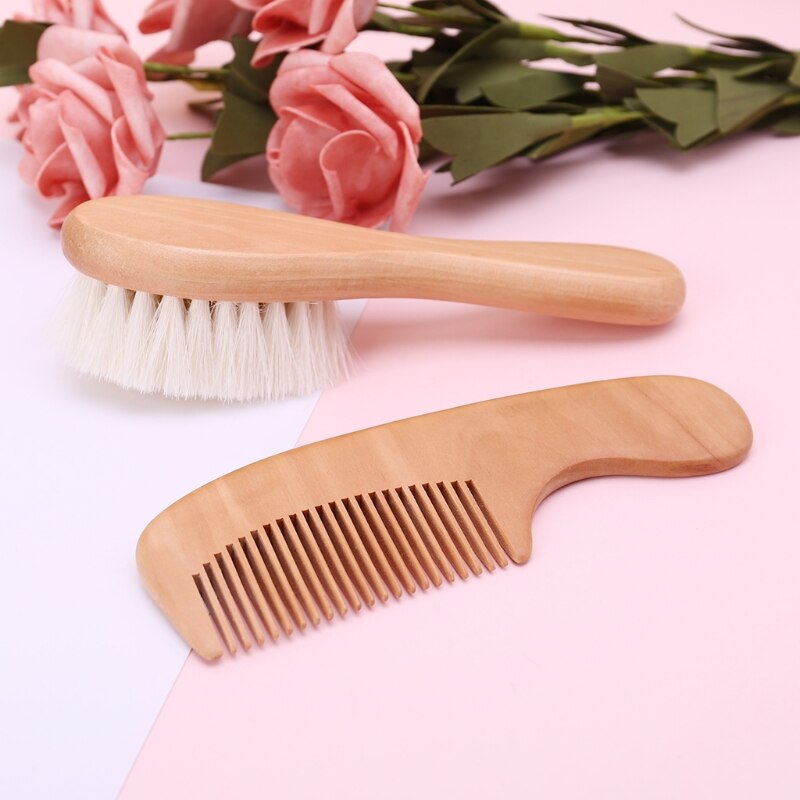 1 Set Baby Brush Comb Hair Head Massage Wooden Handle Wool Newborn Kids Care Kit 72XC
