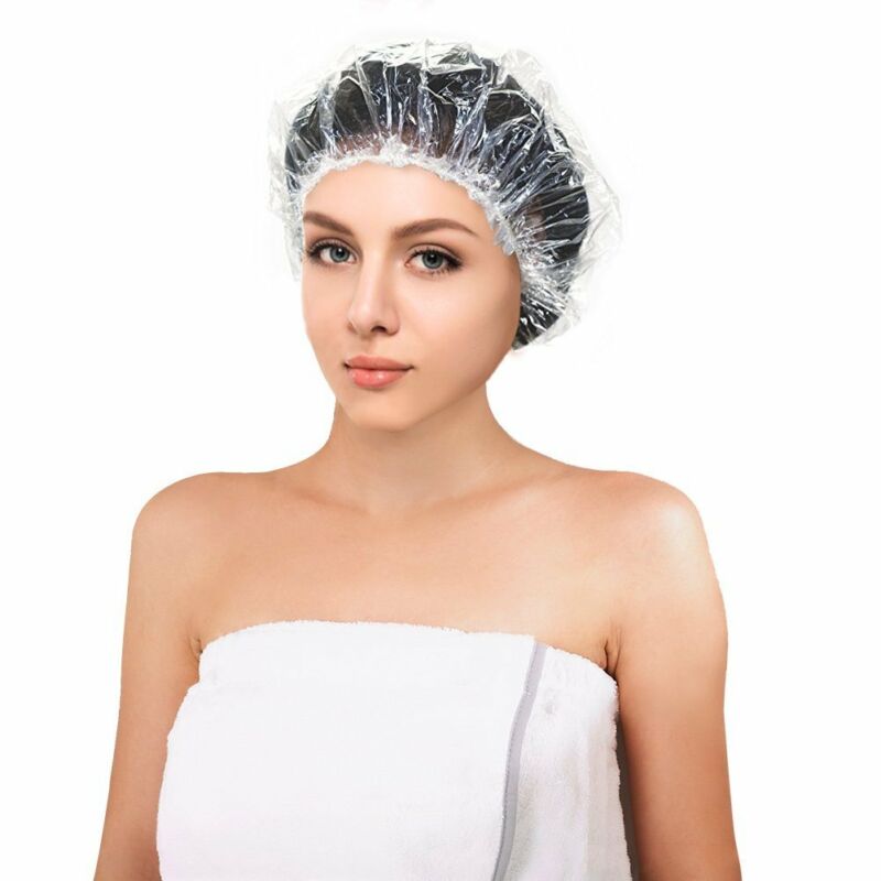 100pcs Disposable Shower Bathing Elastic Clear Hair Care Protector Hat Mask Cap Hair Coloring