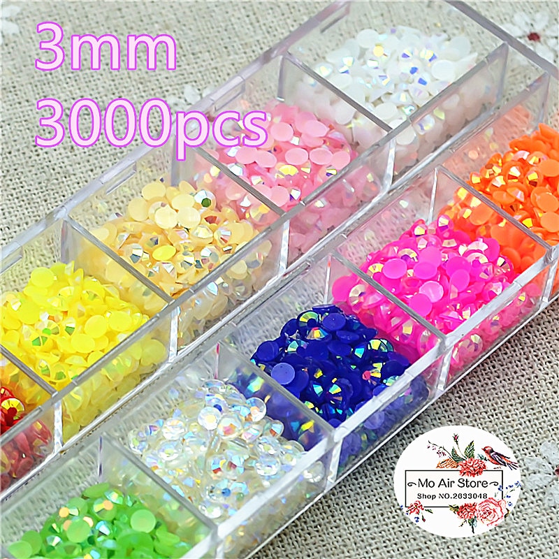 3000 Stks/partij 3Mm 12 Kleur Jelly Rhinestones Plaksteen Half Ronde Kralen Sieraden Ambachten Decoratie Scrapbooking