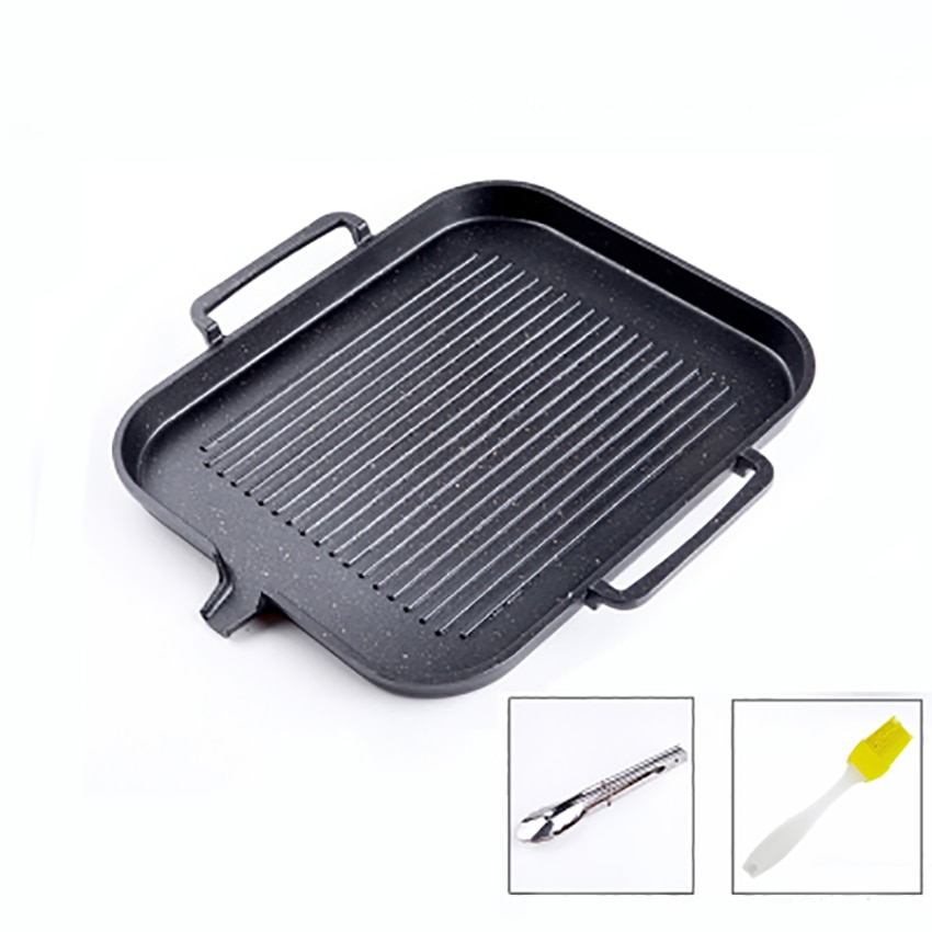 1 Set non-stick Roosteren Dienblad Inductie Fornuis Rookloze Bakken Plaat DIY Gegrilde Vlees Beaf Steak Lade Met Clip en Borstel