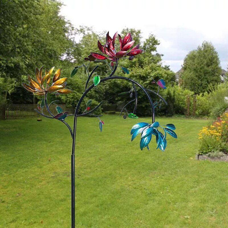 67JB Large Metal Wind Spinner with Three Spinning Flowers Butterflies Windmill Wind Sculpture for Outdoor Garden Art Decor