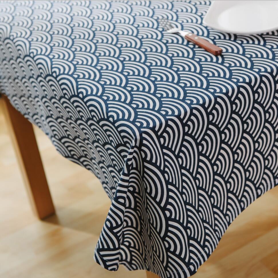 Mantel de algodón de estilo japonés con estampado geométrico azul oscuro, mantel de lino, cubierta de mesa, paño de salida, antependio