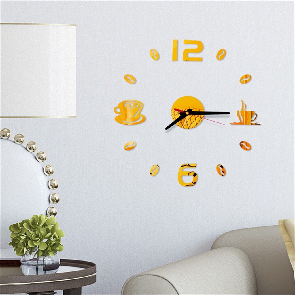 Coffee Cup Print 3d Clocks Diy Roman Numbers Acrylic Mirror Wall Sticker Clock Home Decor Mural Decals Часы Настенные