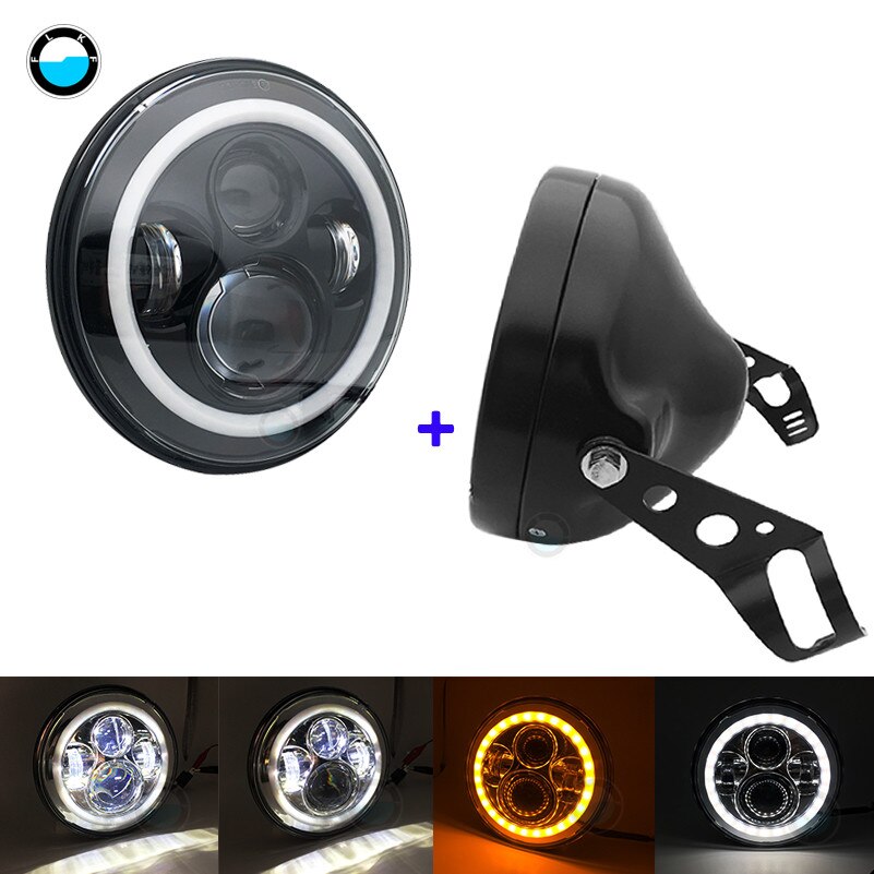 Faro de motocicleta DOT SAE E9 de 60W de 7 pulgadas con faro Led de ojo angular anillo de ajuste de cubo de 7 pulgadas de carcasa.