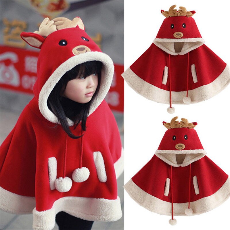 Toddler Baby Girl Christmas Outfit Kids Solid Color Reindeer Hooded Cloak Poncho Snowsuit Winter Warm Coat