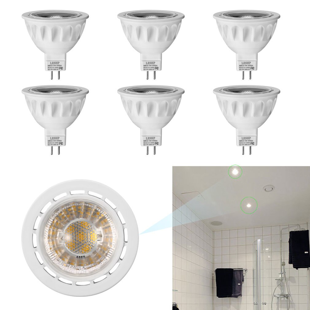 LESHP White MR16 AC/DC12V 5W LED Spotlight 4000K 500LM Non-Dimmable 40 Degree Beam Angle Compact Size Light Weight