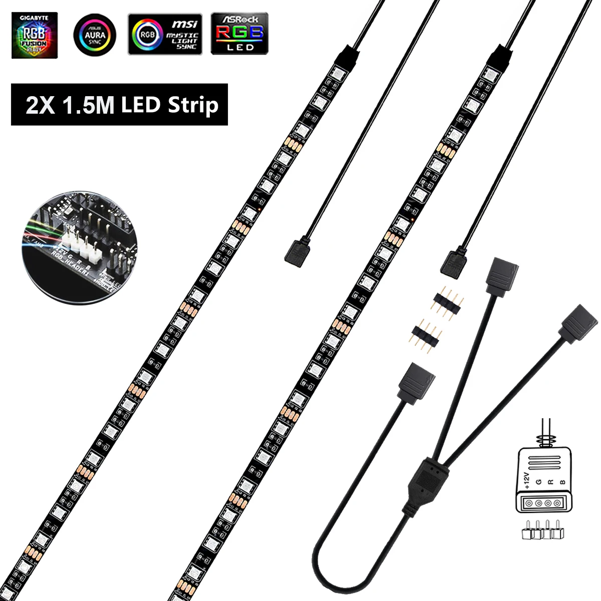 Tira de luces LED RGB 5050 para juegos, línea de rama para 12V Aura Sync, Control de placa base, carcasa de ordenador, 0,5 M- 2M, 4 pines, cabezal RGB