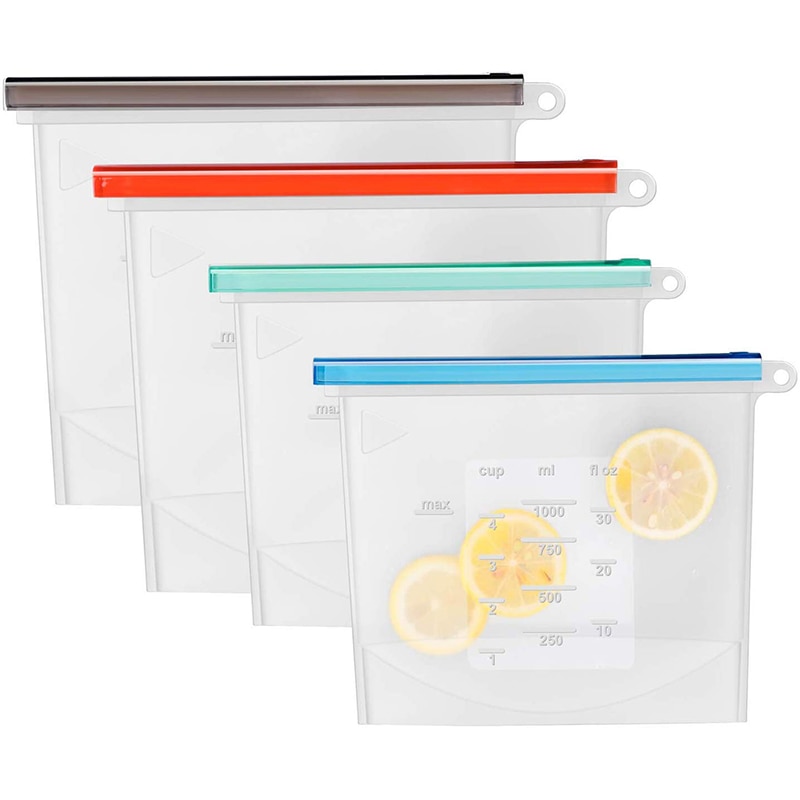 Reusable Food Storage Bags BPA Free 4-Pack Zip lock Silicone Food Bag Set Freezer & Microwave Safe Washable Zip Lunch Baggies