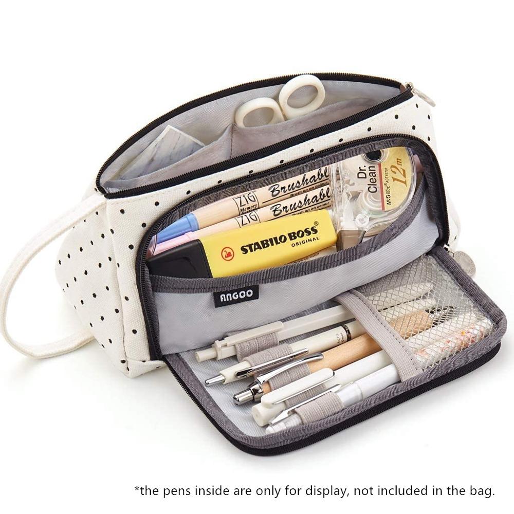 Angoo [Pure] Kleur Etui, Multi Slot Pen Zak, grote Opslag Pouch Organizer Voor Briefpapier Cosmetische Reizen Portemonnee A6443: Black Dots