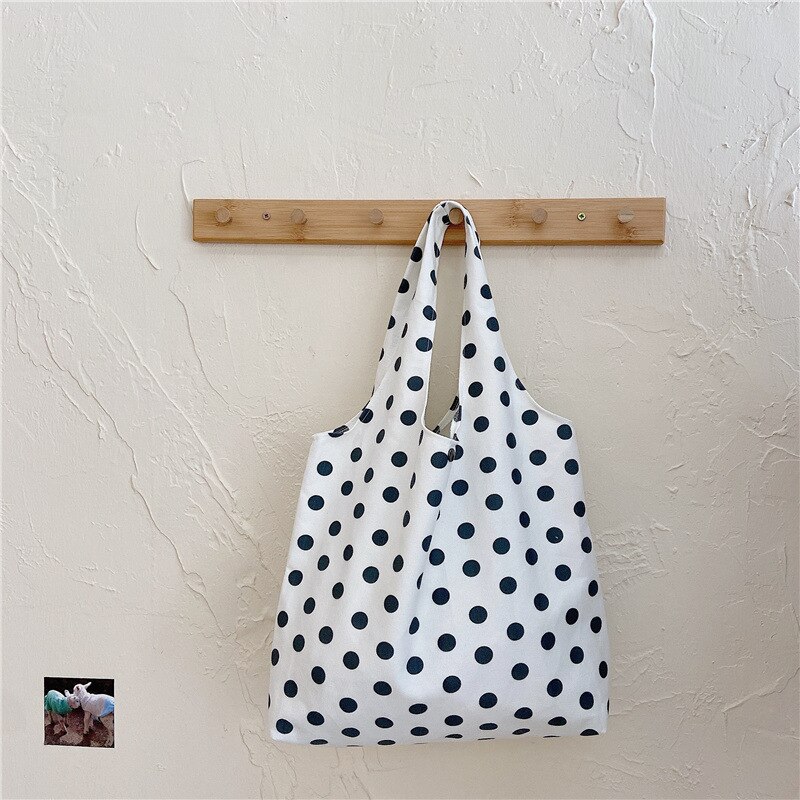 Retro Polka Dot mujeres bolsos de lona estudiante Simple hombro bolsa Vintage de mujer playa Casual bolso bolsas de compras: black