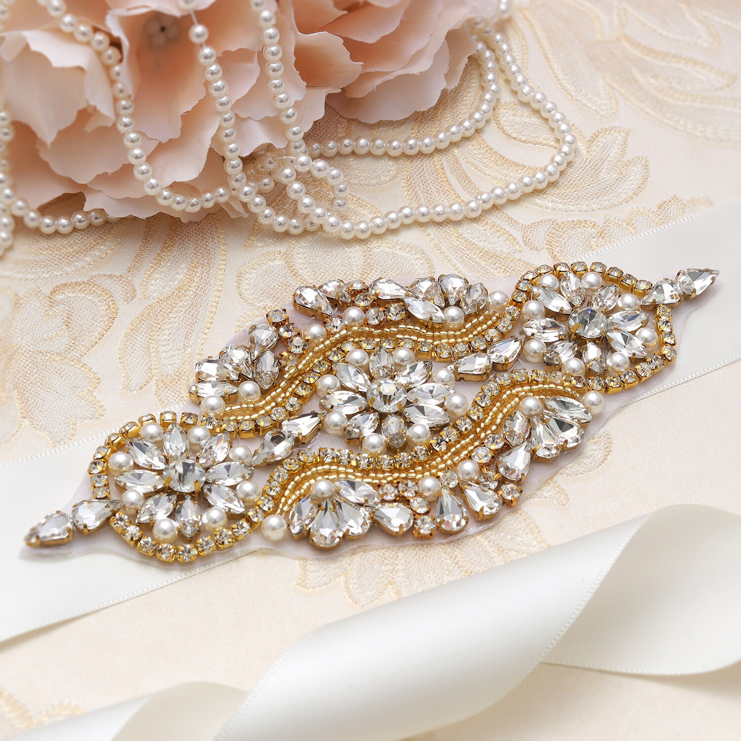 MissRDress Rhinestones Wedding Belt Handmade Pearls Bridal Belt Gold Crystal Bridal Dress Sash For Wedding Accessories JK851