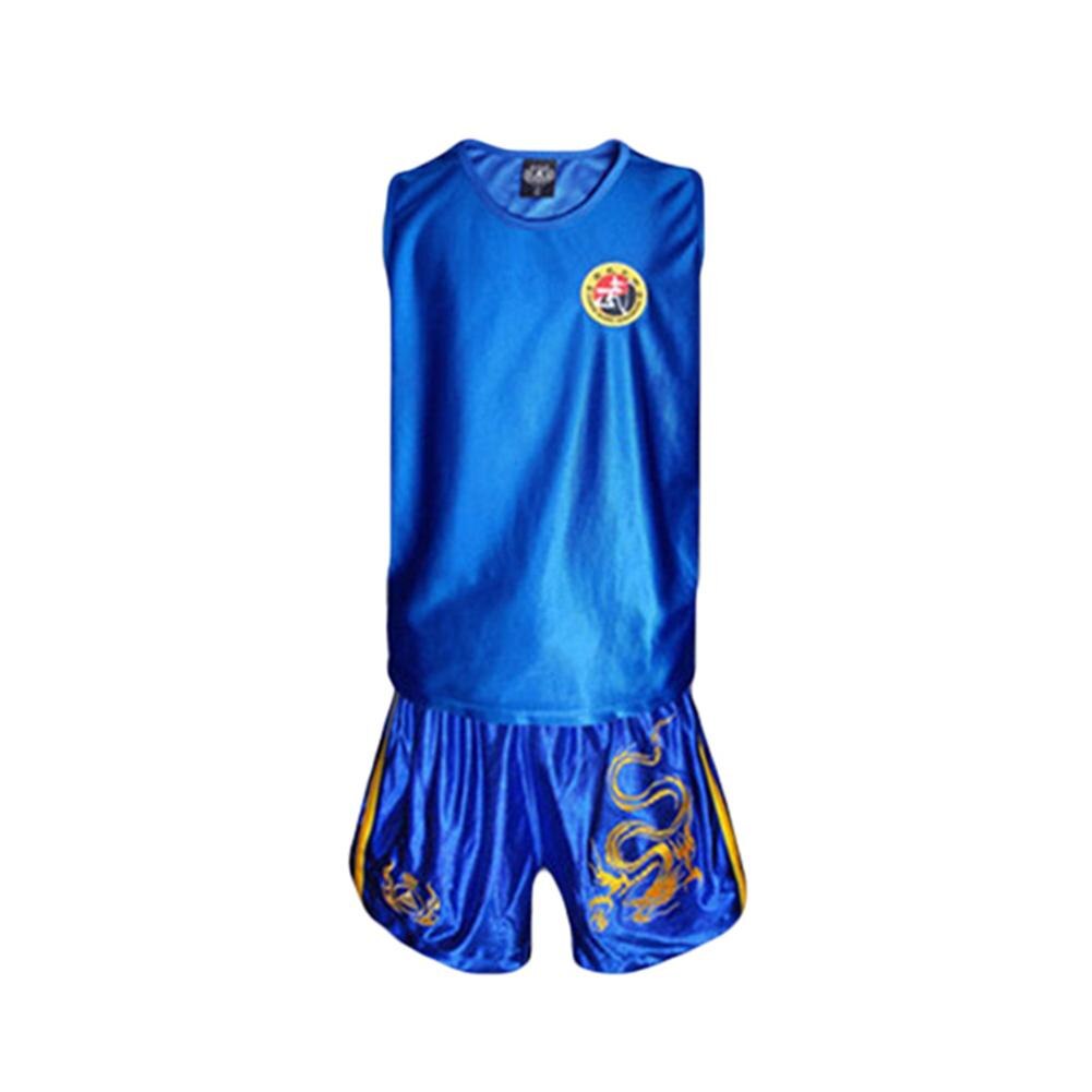 Dragon Pattern Taekwondo Boxing Muay Thai Unisex Sleeveless Top Shorts Set: Blue / XXXL
