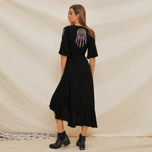 Stijl Katoen Borduurwerk V-hals Zwarte Jurk Bohemian Plus Size Beach Cover Up Vrouwen Tuniek Jurk Vestido A191