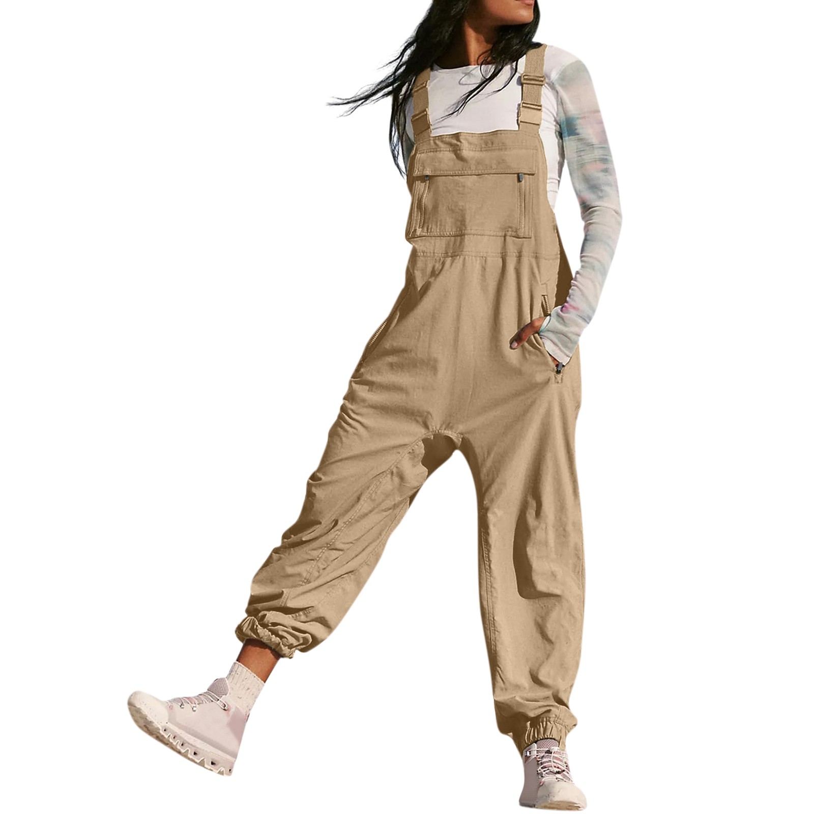 Kombinezony damskie Letnia moda Casual Luźne kombinezony z szerokimi nogawkami Jednokolorowe kieszenie z wkładkami Retro Kombinezony z paskiem na guziki: S / Khaki