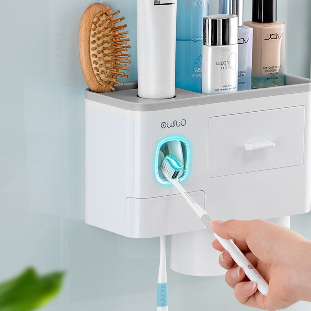 Toothbrush Holder Automatic Toothpaste Dispenser With Cup Wall Mount Toiletries Storage Rack Bathroom Accessories Set