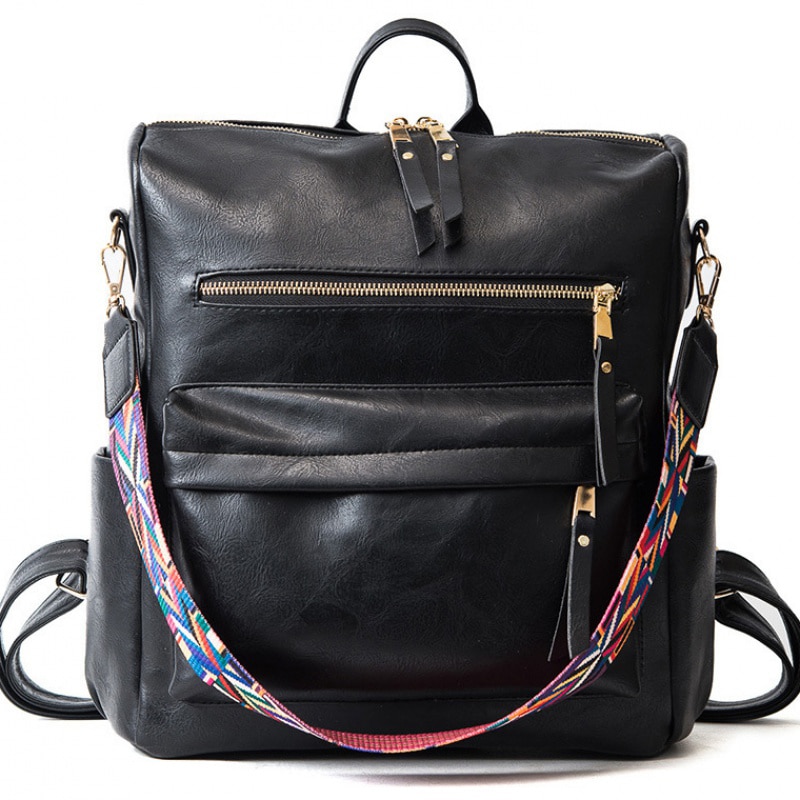 Retro grote rugzak voor dames pu leren rugzak dames knapzak reisrugzakken schouder schooltassen mochila rugzak: Zwart