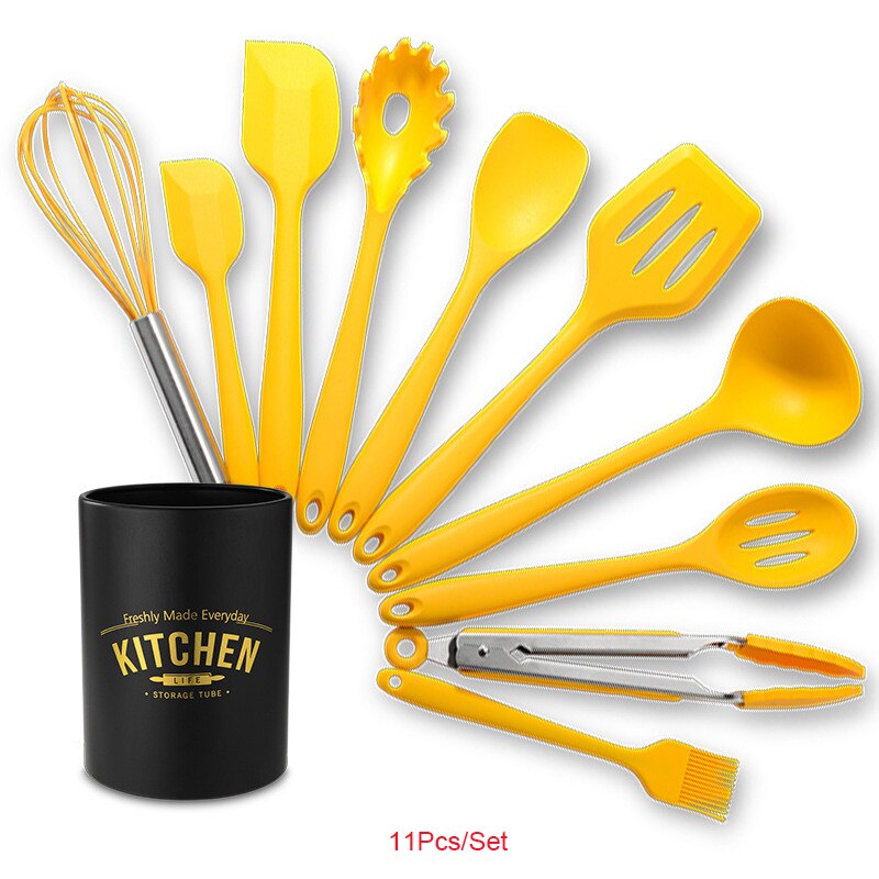 Silicone Cooking Kitchen Utensils Set Heat Resistant On-Stick Spatula Shovel Cookware Cooking Tools Baking Gadgets Accessories: D 11Pcs