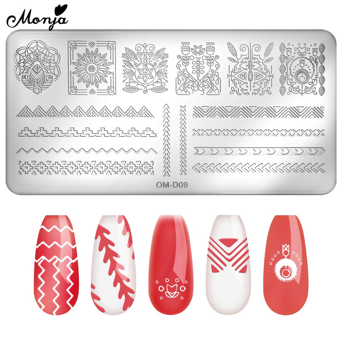 Monja 10 Stile Nagel Kunst Vorlagen Blume Ebene Streifen Geometrische aufbringen Stanzen Platten Druck Schablone DIY Manikübetreffend Werkzeug