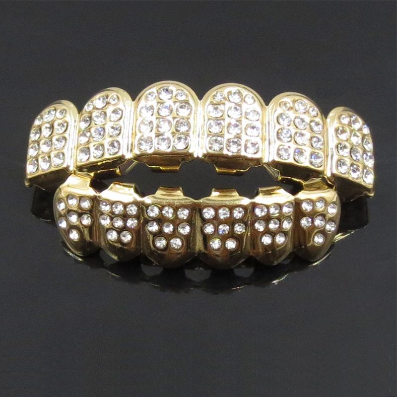 Gold Kleuren Fshion Hip Hop Gold Iced Out Cz Tanden Grillz Top Bottom Mannen Vrouwen Sieraden Bottom Maat 4cm X 1Cm