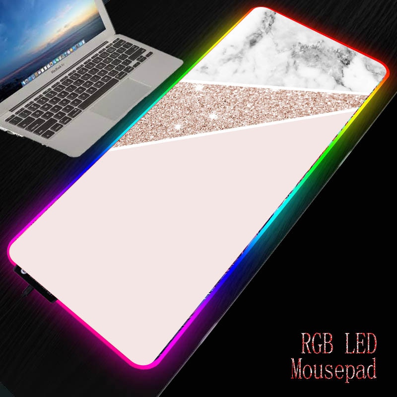 Mairuige White Pink Marble Gaming RGB Mouse Pad Computer RGB Backlit Mause Pad Large Mousepad XXL for Desk Keyboard LED Mice Mat