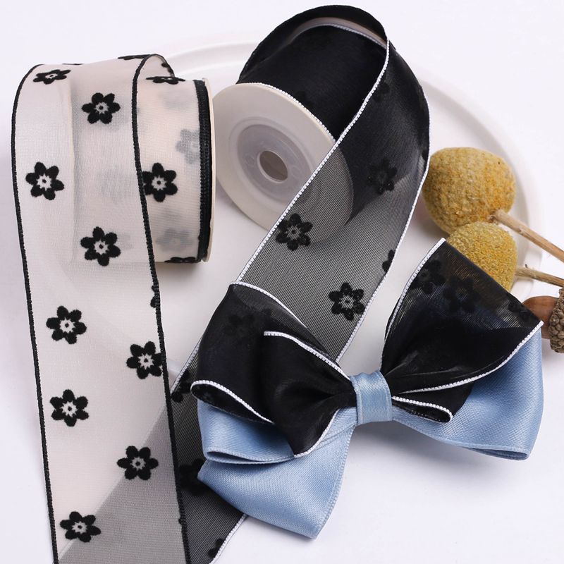 Cinta de gasa Floral flocada para el pelo, accesorios artesanales hechos a mano, Material YM2022031605, 10 yardas, 38MM