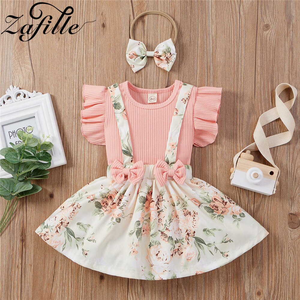 Zlaille – ensemble de jupe pour bébé fille, vêtements d'été en coton tricoté, haut à bretelles, avec bandeau