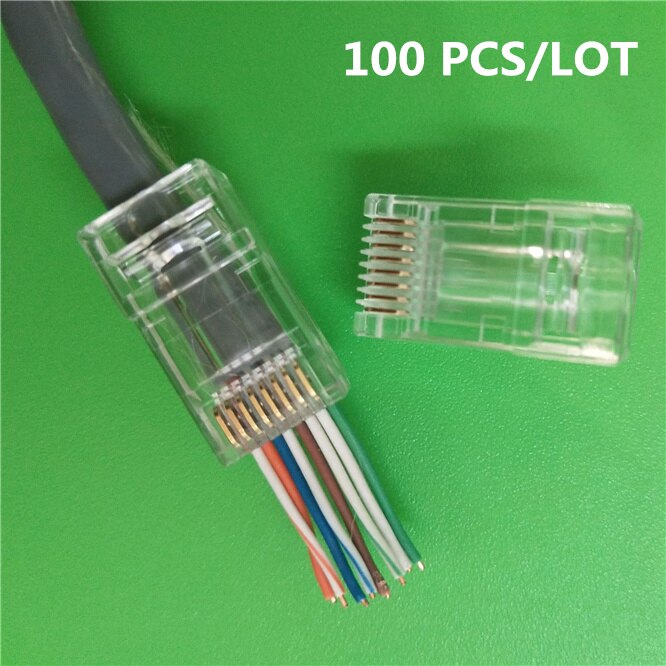 CAT6 fast speed TRANSMIT gold plated RJ 45 8 pins internet cable plug 8P8C Terminals RJ45 connector 8pin Through hole 100PCS