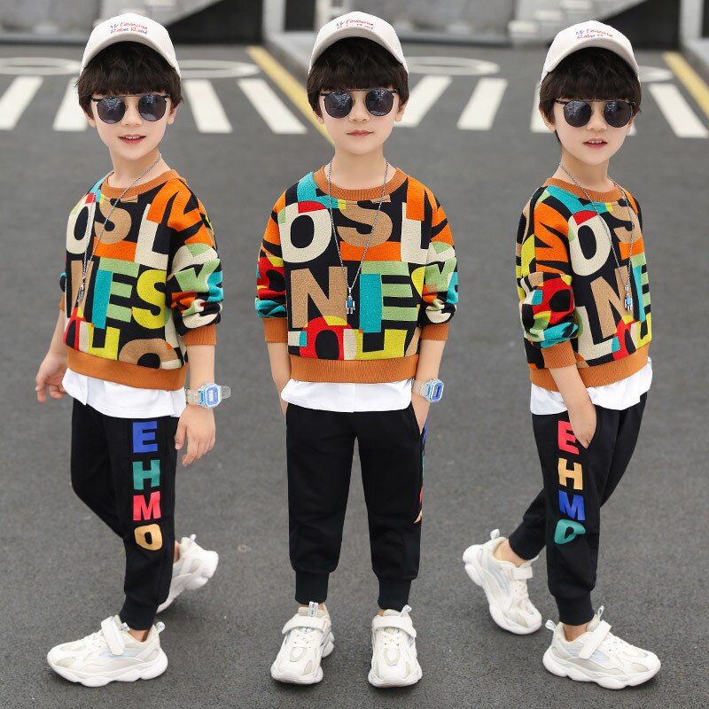 Conjunto de ropa deportiva para niño, chándal de manga larga con estampado de letras y pantalones, 2 piezas, primavera y otoño: Naranja / 10 años