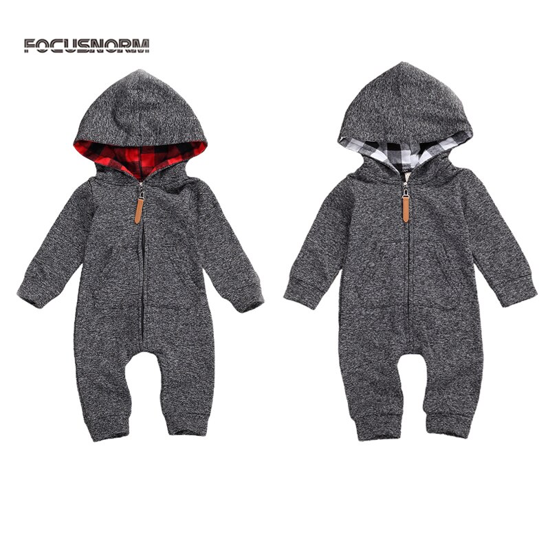 FOCUSNORM 0-18M Baby Jungen Strampler fest Langarm Mit Kapuze Reißverschluss Solide Herbst Overall Outfits