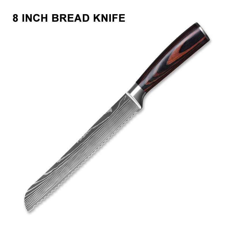 IWELAI Kitchen Knife Set Home Cook Knife Japanese 7CR17 440C Imitation Damascus Pattern Knife Nine-Piece Knife: 8inch bread knife