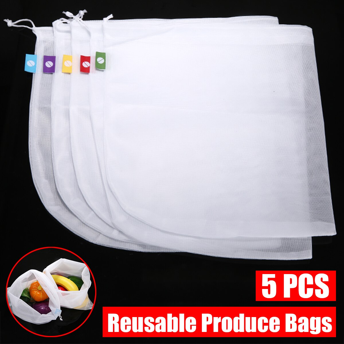 5pcs Reusable Mesh Product Bags Eco Friendly Grocery Vegetable Fruit Kitchen Storage Bags Mayitr