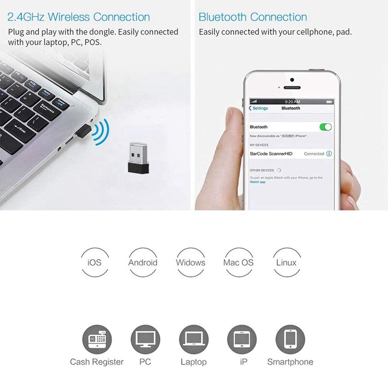 Scanner de codes à barres 2.4G sans fil + Bluetooth + USB avec câble et Code QR pour tablette iPhone iPad