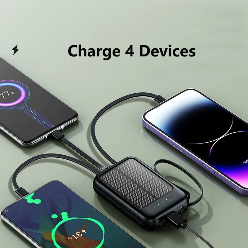 50000 mah solcelle-powerbank hurtigopladende led-lys med 4 kabler type-c multiport udendørs bærbar mobil ekstern strømforsyning