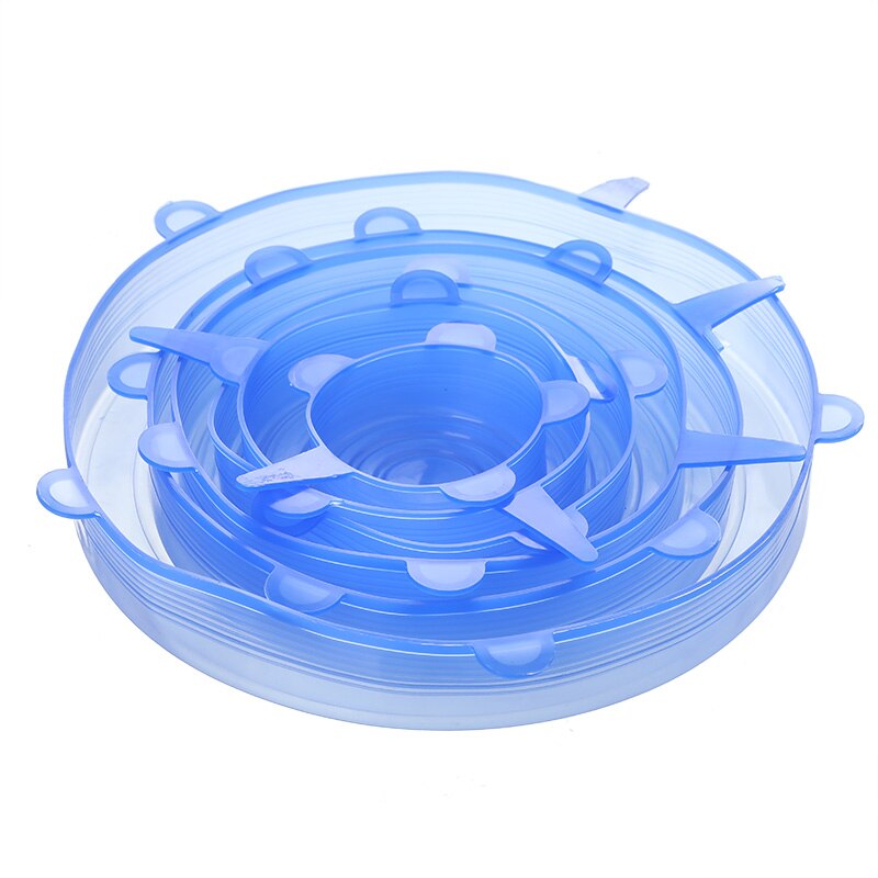 Reusable Silicone Food Cover Elastic Stretch Adjustable Bowl Lids Universal Kitchen Wrap Seal Fruit Keeping Silicone Caps: 6 PCS Blue