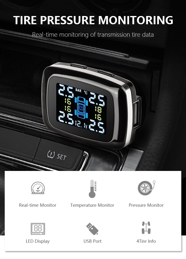 Car TPMS Tire Pressure Monitoring System Sensor USB Port Car Safety Alarm Cigarette Lighter Digital System Tire Pressure System