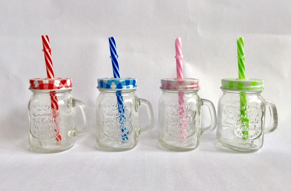 115ml glass mini mason krukker med lokk og sugerør ,4 farge lokk asst. pakket 12pc per parti