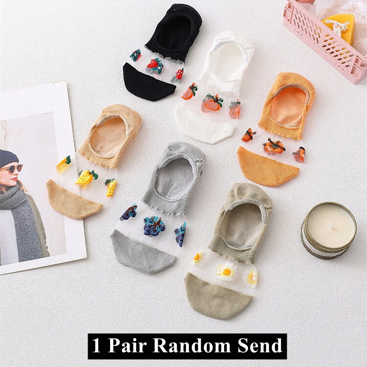 Crystal Silk Woman Socks Silicone Non-slip Invisible No Show Socks Fruit Print Summer Thin Breathable Low Cut Ankle Boat Socks: 1 Pair Random Send