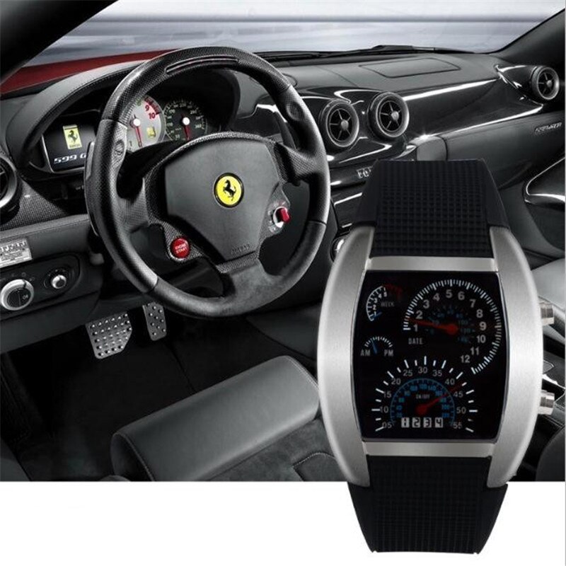 LED Digital Watch Instrument Panel Men's Black Rubber Speedometer Digital Wrist Watches for Male Boys Men