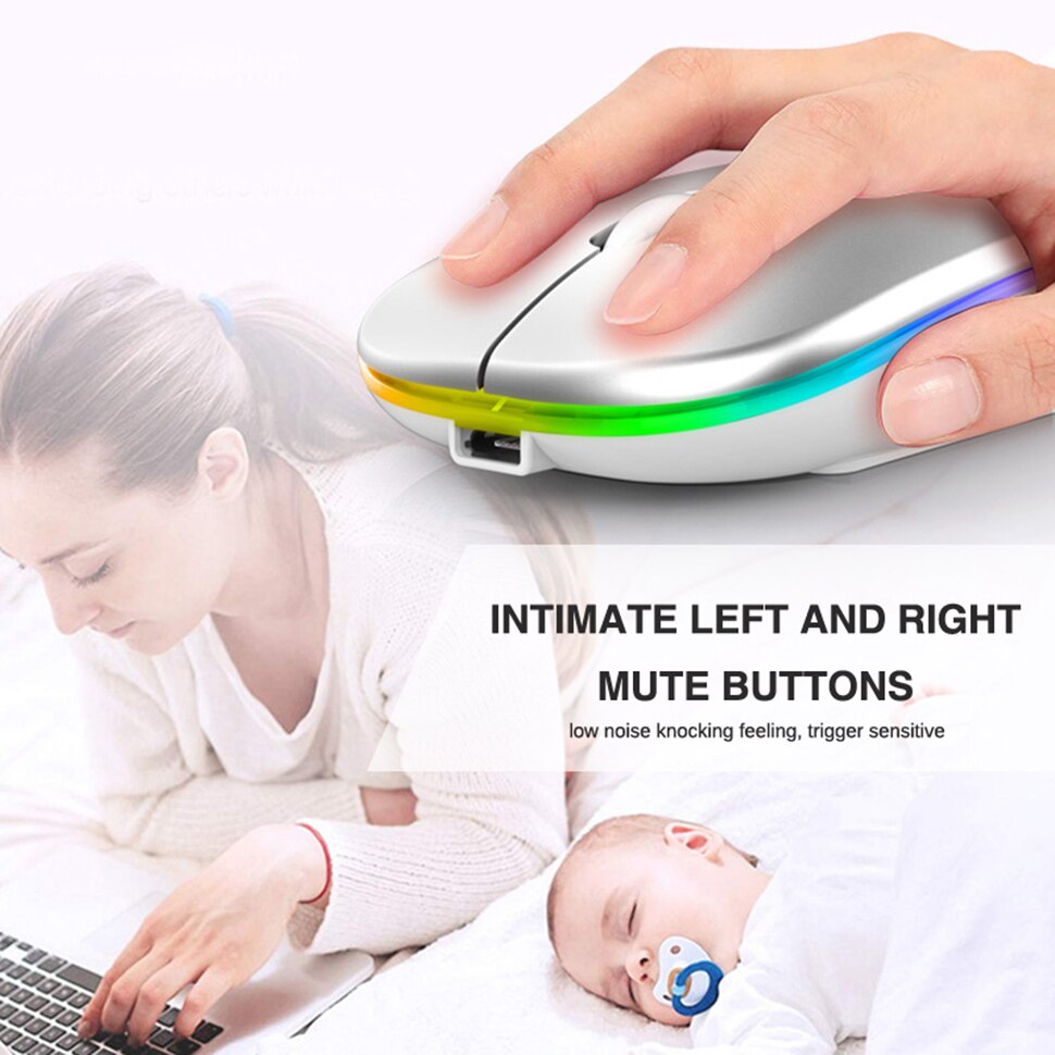 RGB Silent Wireless Mouse Dual Mode Bluetooth 5.0 + 2.4G Rechargable 1600DPI Ergonomic Computer Gaming Mouse For PC Laptop