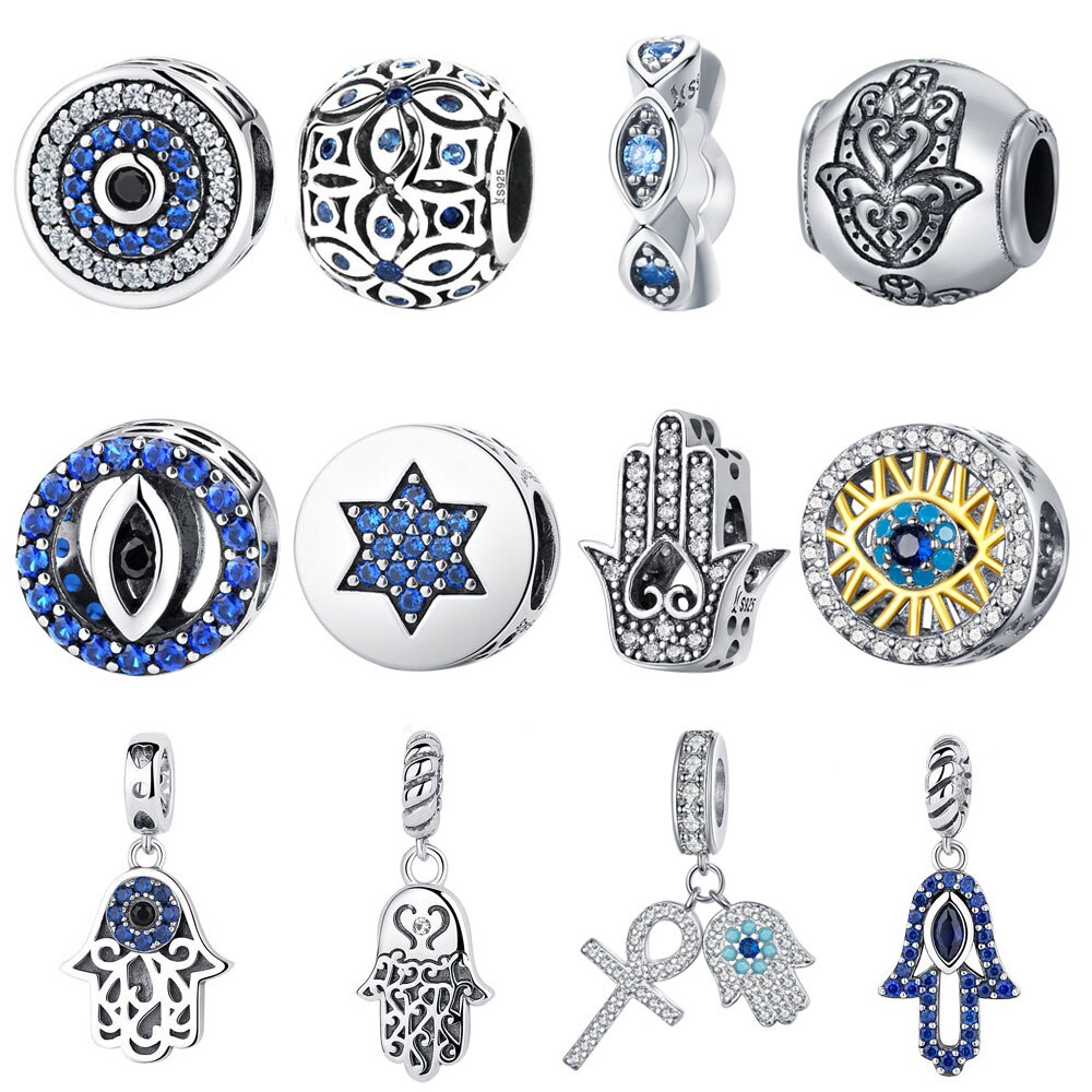 BISAER 925 Sterling Silber Blau Crystals Augen Runde Bead Fatima Hamsa Hand Charme Fit Charme Silber 925 Original Armband Schmuck