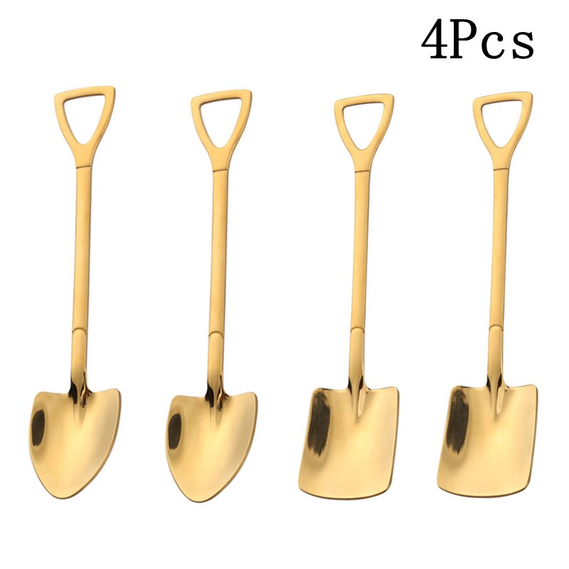 2/4PCS Coffee Spoon Cutlery Set Stainless Steel Retro Iron Shovel Ice Cream Spoon Scoop Spoon tea-spoon Tableware: 4Pcs Gold (2A 2B)