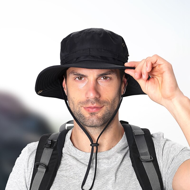 Gorro de pescador de secado rápido, ajustable, resistente al agua, con cuerda para Barbilla, sombrero de cubo de escalada: QJ2434B