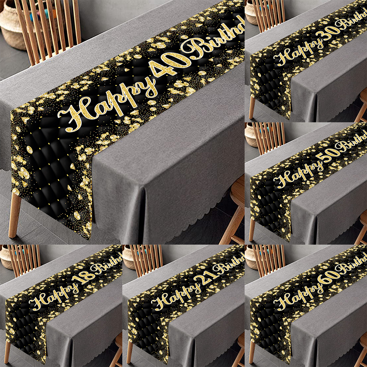 Chemin de Table d'anniversaire en or noir, couverture de Table d'anniversaire, nappe, décoration de fête pour la maison, anniversaire adulte, 18 30 40 50