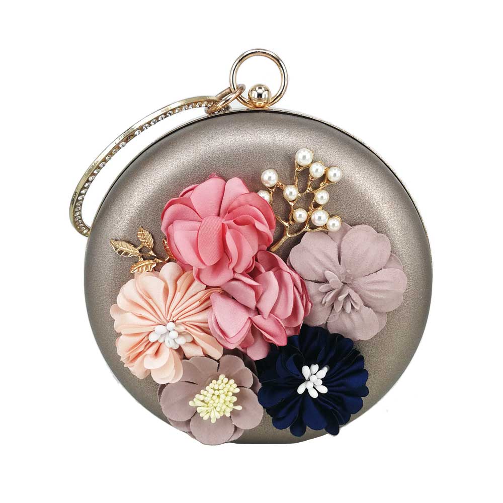 Bolso de mano Circular de pu con flores para mujer, cartera de mano de noche con Floral para , boda, x55: Grey