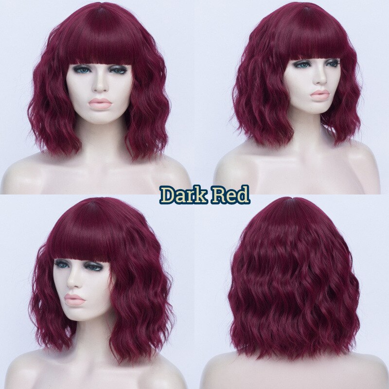 MSIWIGS-Peluca de cabello ondulado corto con flequillo para mujer, peluca completa sintética barata, color negro, fibra resistente al calor, marrón, falsa: Rojo