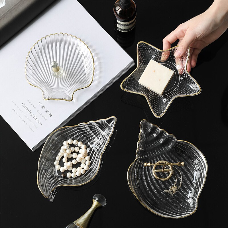 Jewelry Glass Plates and Bowls Set with Glod Rim Nordic Ocean Dessert Fruit Plate Jewelry Storage Tray Decorative Trinket Dish