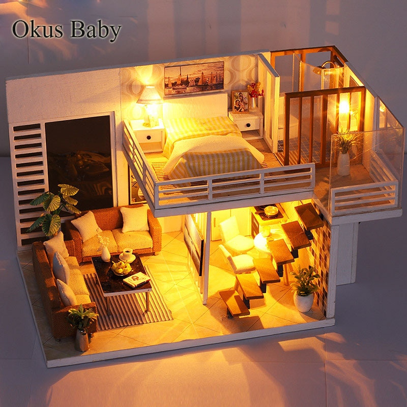 3D Sweet Mini Double Entry House DIY Deluxe Kitchen Living Room Bedroom Bathroom With Lights Doll House Handmade